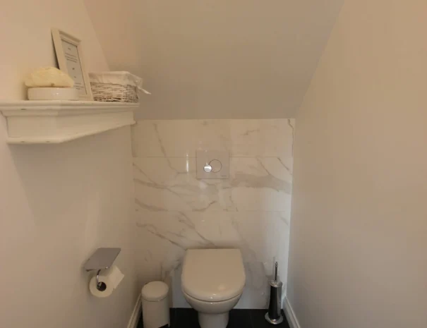 Toilettes privatives avec mur effet marbre dans chambre d'hôtes Domaine de Champouteau