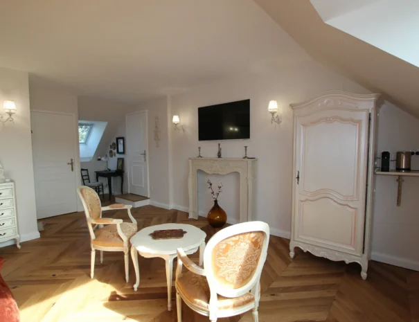 Salon romantique style maison de famille avec cheminée décorative gîte grand confort Domaine de Champouteau