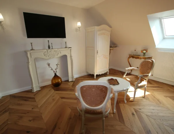 Salon cosy au Domaine de Champouteau, cheminée décorative et mobilier Louis XV, espace détente élégant et chaleureux